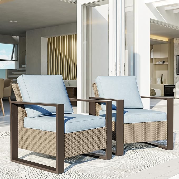 Patio Chairs Set of 2, Outdoor Wicker Chair Metal Patio Furniture with Deep Seating, Thicken Cushions for Deck, Porch, Yard Use (Azure, 2 PCS/Chairs)