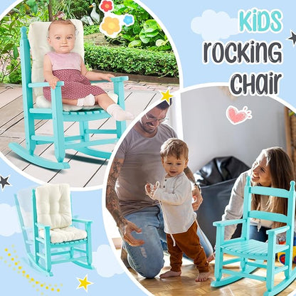 Kids Rocking Chair Cushion Pad Set Toddler Rocking Chair Indoor Outdoor Wooden Rocker Child Patio Rocker for Porch Balcony Lawn Indoor Outdoor(Blue,Ages 2-5)