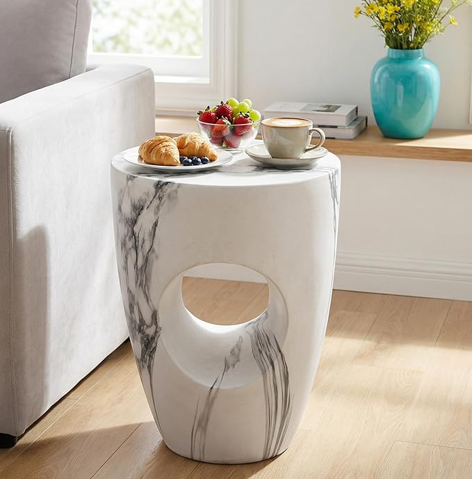 Merax 19.29" H Modern Round MgO Side Table with Cutout Accent, Faux Marble Outdoor Garden Stool & Indoor End Table, Weather Resistant Decorative Accent Table, No Assembly Required, Faux Marble