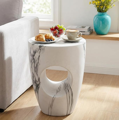 Merax 19.29" H Modern Round MgO Side Table with Cutout Accent, Faux Marble Outdoor Garden Stool & Indoor End Table, Weather Resistant Decorative Accent Table, No Assembly Required, Faux Marble