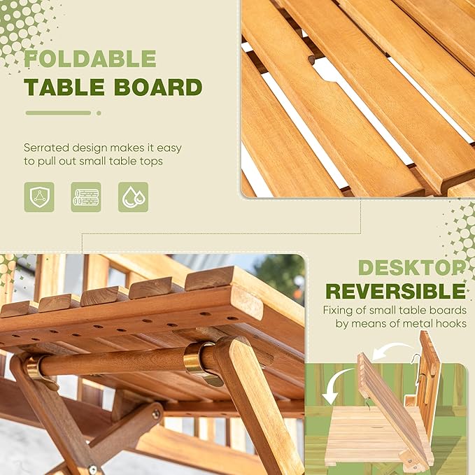 Greesum Outdoor Bench 2-Person Acacia Garden Chair Patio Porch Furniture with Foldable Small Table Plate for Deck, Yard - Photo 6