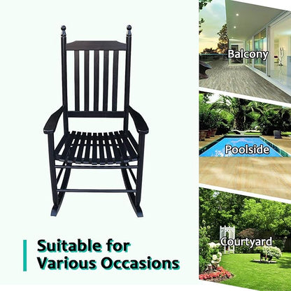 HomVent Wood Rocking Chair, 280 Lbs Heavy Duty Rocking Rocker Chair, Backyard and Patio Porch Rocker with Wide Seat and Armrest for Outdoor& Indoor Use, Cushion not Include (Black)