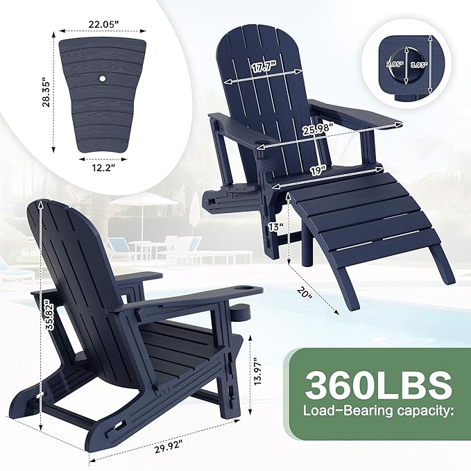 JY QAQA Outdoor Adirondack Chair Set of 2 with Detachable Table & Ottoman, All-Weather HDPE Patio Furniture with Wood Texture & Cup Holder for Patio, Poolside, Garden, Dark Blue