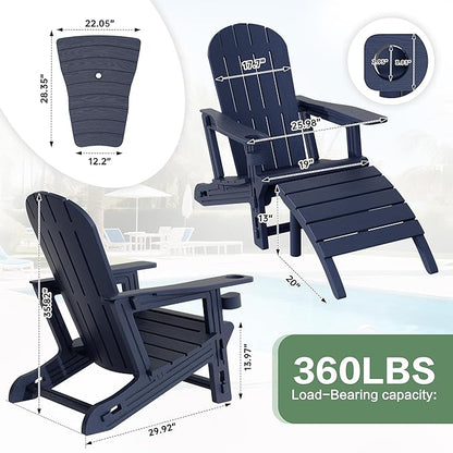JY QAQA Outdoor Adirondack Chair Set of 2 with Detachable Table & Ottoman, All-Weather HDPE Patio Furniture with Wood Texture & Cup Holder for Patio, Poolside, Garden, Dark Blue