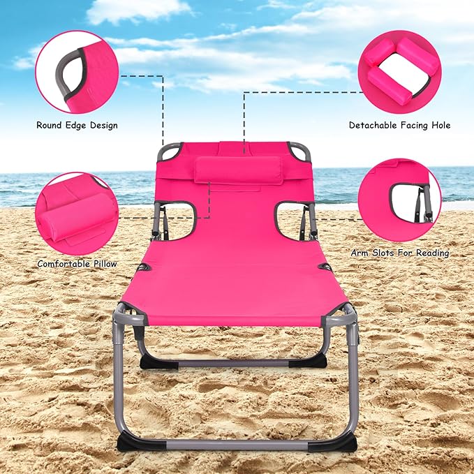 GYMAX Tanning Chair, Folding Beach Lounger with Face Arm Hole, Adjustable Backrest, Side Pocket, Pillow & Carry Handle, Outside Sunbathing Lounge Chair for Patio, Poolside, Lawn (1, Pink)