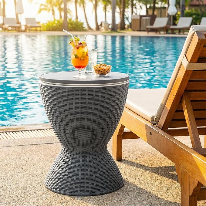 Giantex Outdoor Ice Cooler Side Table with Adjustable Height, 8 Gal Beverage Bucket with Drain Plug, Rattan Patio Bar Table for Poolside, Deck, BBQ & Backyard Parties