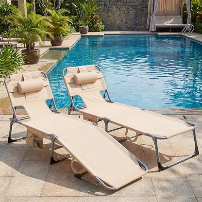 Giantex Face Down Tanning Chair, Folding Beach Lounge Chair w/ 4-Position Adjustable Backrest, Outdoor Sunbathing Lounge Chair w/Face Arm Holes & Storage Pocket for Patio Deck Poolside (2, Sand)