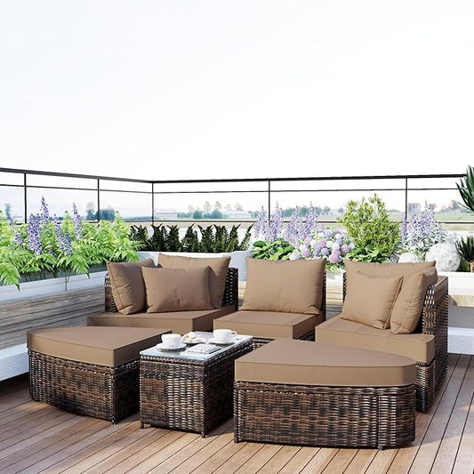 Quarte 6-Piece Patio Outdoor Conversation Round Sofa Set, All Weather PE Wicker Rattan Separate Seating Group with Coffee Table, Sectional Sofa Set for Garden Balcony (Brown/Round6)