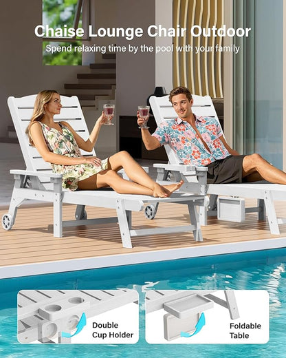 YEFU Chaise Lounge Chair Outdoor,Pool Lounge Chair with Adjustable Backrest,All Weather Resin Patio Lounge Chair with Cup Holder&Armrest,for Outside,Beach,Deck,Heavy Duty,400lbs Capacity(White)