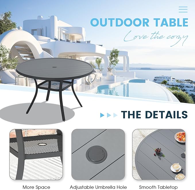 Patio Dining Table for 4-6, Round Metal Outdoor Table with 1.57" Umbrella Hole, 47" Outdoor Slat Tabletop Dining Table for Backyard, Porch, Lawn, Dark Grey