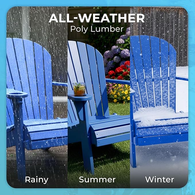 Ecommersify Folding Adirondack Chair with Cup Holder - (Blue) - Heavy Duty Recycled Poly Lumber Folding Chair - Amish Crafted Outdoor Furniture - Made in USA