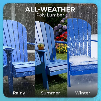 Ecommersify Folding Adirondack Chair with Cup Holder - (Blue) - Heavy Duty Recycled Poly Lumber Folding Chair - Amish Crafted Outdoor Furniture - Made in USA