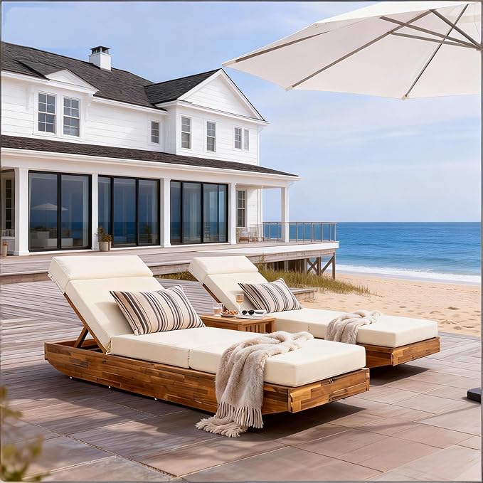 espidoo Acacia Wood Outdoor Chaise Lounge: 300lb Capacity & 3-Position Adjustable - Beige Water-Repellent Cushion & - Photo 6