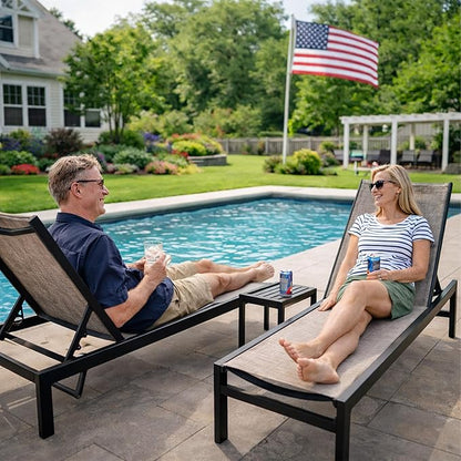 Kozyard 3Pieces Outdoor Chaise Lounge, Aluminum Frame and Textilene Fabric, Adjustable Reclining Patio Lounger for Poolside, Sunbathing & Backyard (Beige, 2Chairs with Table)