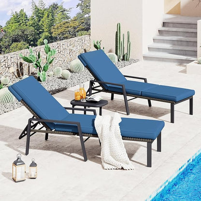 AECOJOY Lounge Chair Outdoor Set of 2, Adjustable Wicker PE Rattan Patio Chaise Chairs with Removable Cushion for Beach, Pool, Lawn, Black Rattan&Dark Blue Cuchion