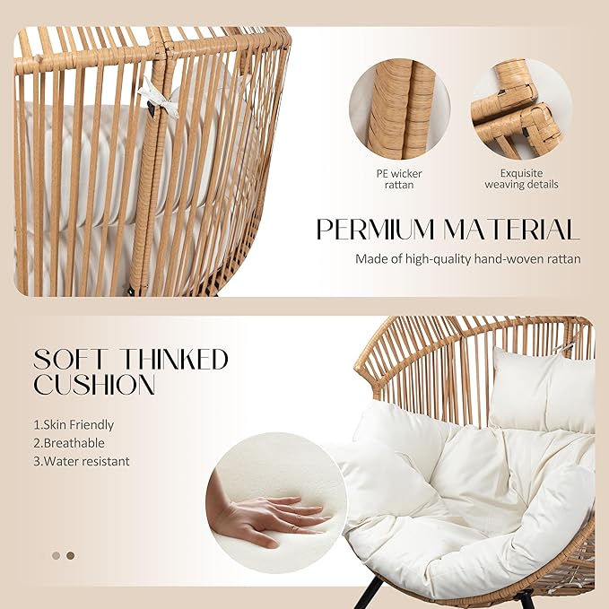 JAMFLY Wicker Egg Chair - Rattan Patio Chair with Cushion, Indoor-Outdoor Lounge Egg Basket Seat for Living Room - Photo 4