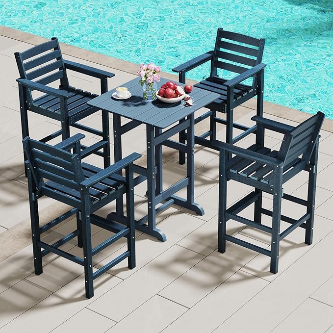Giantex 29” Bar Stools Set of 4, HDPE Barstools w/Back, Armrests & Footrests, Max Load 330Lbs, Counter Height Bar Stools, Adirondack Chair for Patio Balcony Outdoor Bistro Set, Navy
