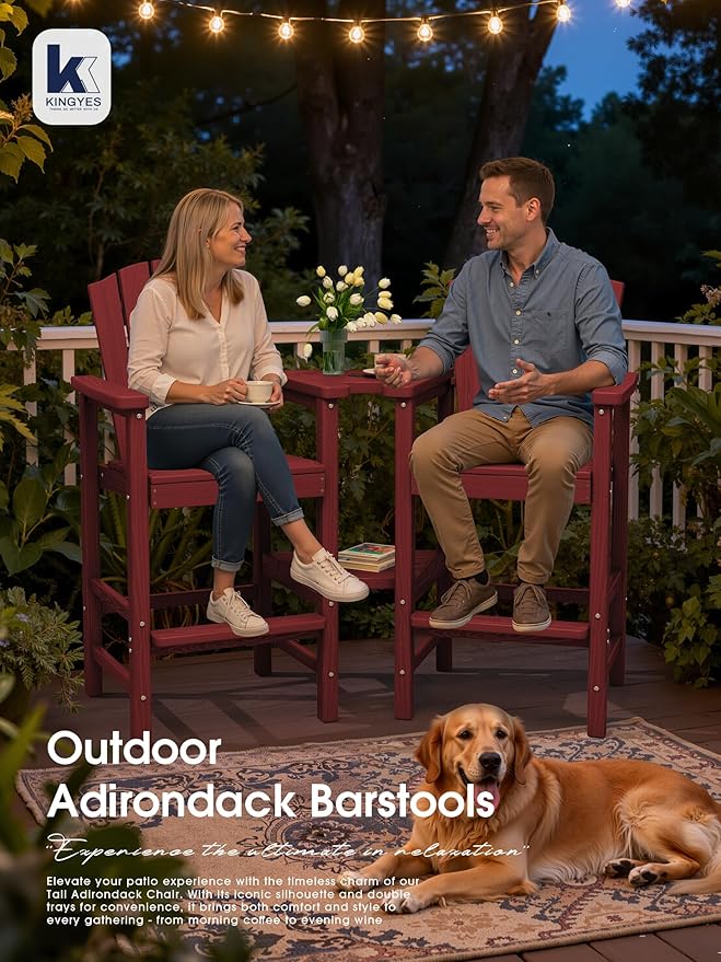 KINGYES Tall Adirondack Chair Set of 4, HDPE Tall Adirondack Barstools with Double Connecting Trays, Embossed Bar Height Adirondack Chair for 2, All Weather Resistant Balcony Adirondack Chairs, Red