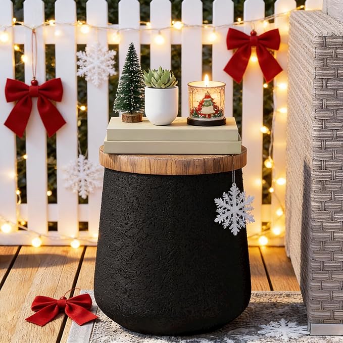 COSIEST Drum End Table Cylinder Shaped Concrete Side Table Faux-Wood Top, Black Outdoor Accent Table with Tree Trunk Slice Hand Painted, Accent Stool