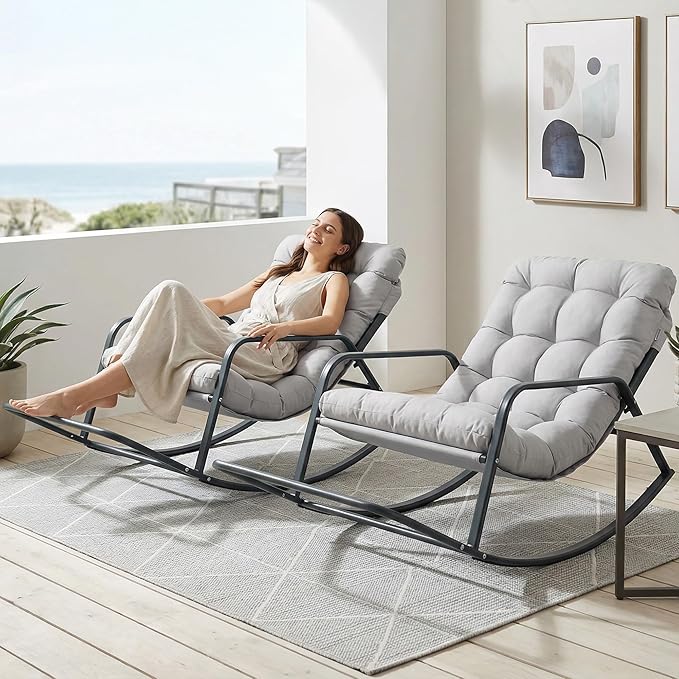 NICESOUL Set of 2 Papasan Rocking Chair with Footrest, Outdoor Rocking Chair with Cushion, Oversized Patio Rocker, Modern Lounge Comfort, Heavy Duty Steel Frame, Indoor Porch, Grey
