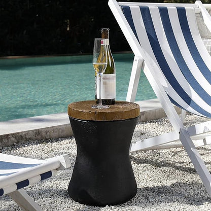COSIEST Outdoor End Table, Drum Side Table Faux-Wood Top, Black Base with Tree Trunk Slice Hand Painted, Accent Stool, Plant Stand (Hourglass)