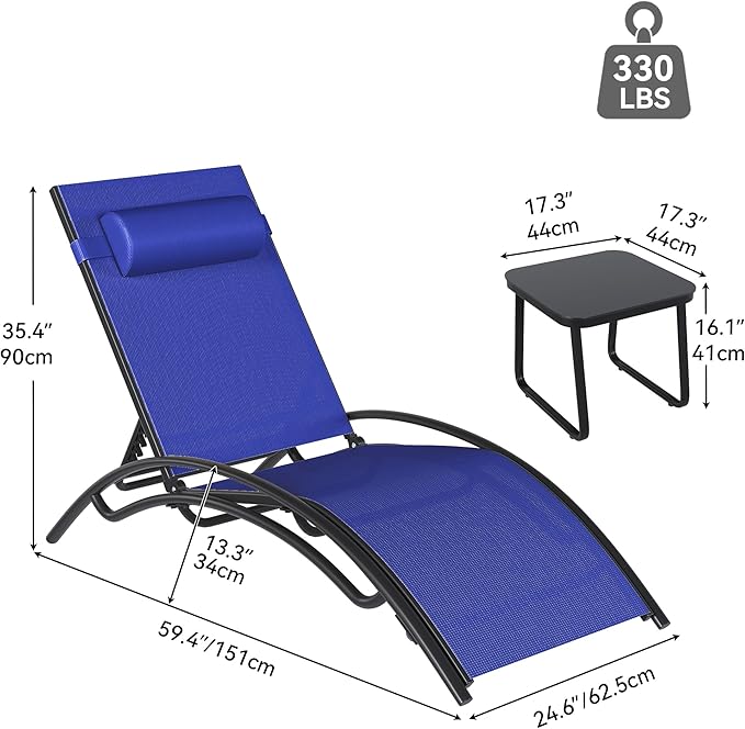YITAHOME Outdoor Chaise Lounge Chair Set of 3, Pool Lounge Chairs with Side Table & 5-Position Adjustable Backrest, Sunbathing Recliner for Poolside, Backyard, Lawn, Deck - Navy