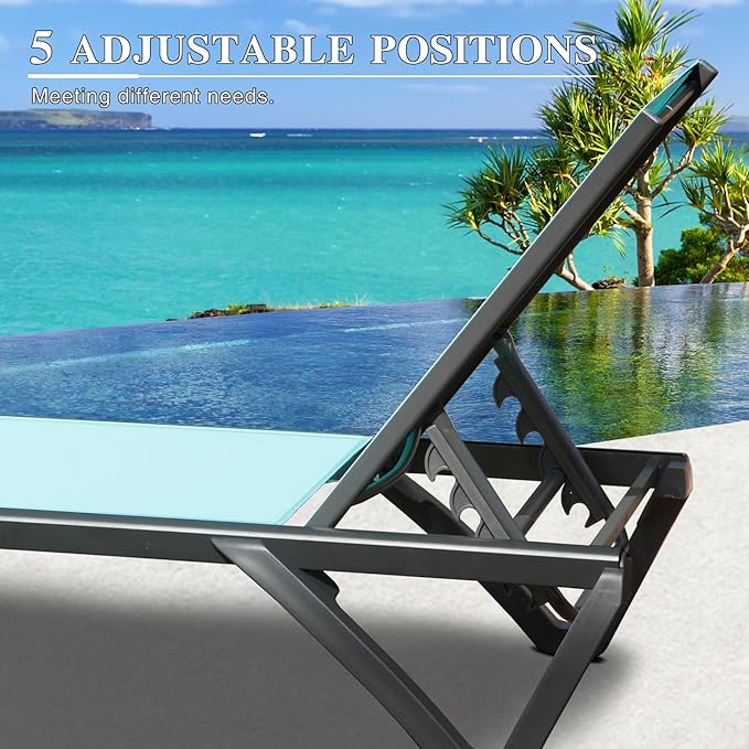 Domi Pool Lounge Chairs Set of 2 with Side Table, Aluminum Adjustable Outdoor Chaise Lounge with Wheels - Photo 4