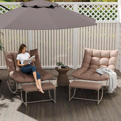 Rocking Chair Outdoor Set of 2, Extra Wide Outdoor Chair with Cushion, Patio Rocking Chairs with Ottoman, Patio Papasan Rocking Chairs for Porch, Garden, Lawn, Khaki