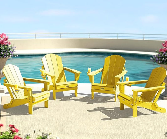 SERWALL Foldable Adirondack Chair Set of 4, Weather Resistant HIPS Patio Chairs with Cup Holder for Garden Outdoors-Lemon