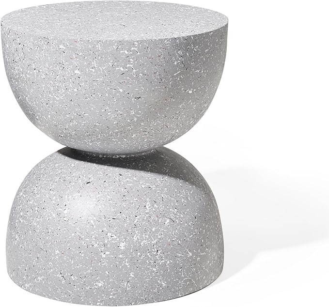 Glitzhome Outdoor Side Table, Round Accent End Table, Lightweight Hourglass Faux Terrazzo Decorative Garden Stool, 17.75" H Gray Planter Stand for Patio Porch Balcony Living Room
