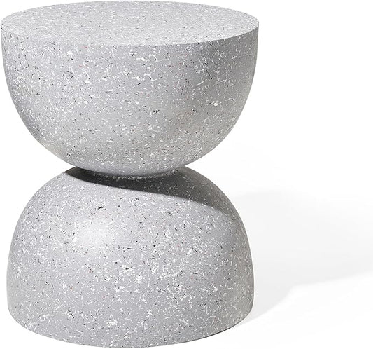 Glitzhome Outdoor Side Table, Round Accent End Table, Lightweight Hourglass Faux Terrazzo Decorative Garden Stool, 17.75" H Gray Planter Stand for Patio Porch Balcony Living Room