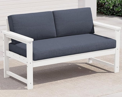 SERWALL HDPE Outdoor Loveseat with Cushions, All Weather Use Outdoor Loveseat Sofa, White Frame/Grey Cushion