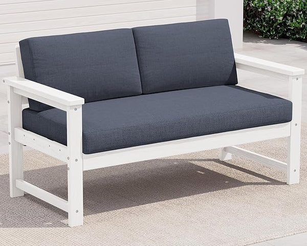 SERWALL HDPE Outdoor Loveseat with Cushions, All Weather Use Outdoor Loveseat Sofa, White Frame/Grey Cushion - Photo 1