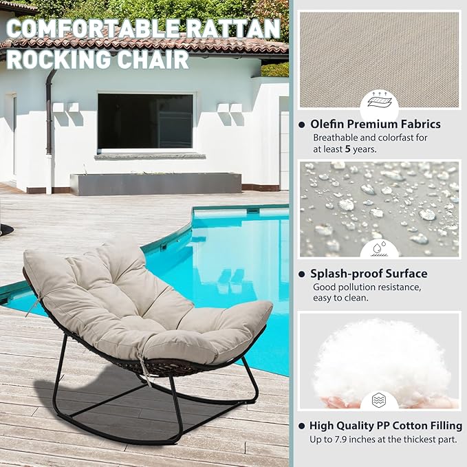 Outdoor Papasan Rocking Chair Oversized Set of 2 - Rocking Chair with Soft Cushion, 30° Rocker Egg Chair for Patio, Front Porch, Backyard, Living Room, Beige