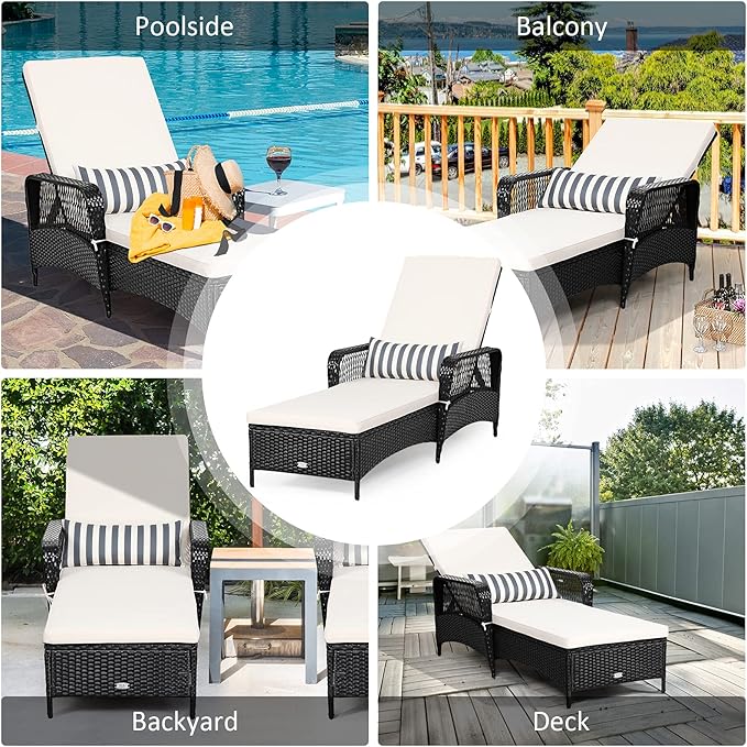 COSTWAY PE Rattan Chaise Lounge Chair Armrest Recliner Adjustable Pillow Black - Photo 5