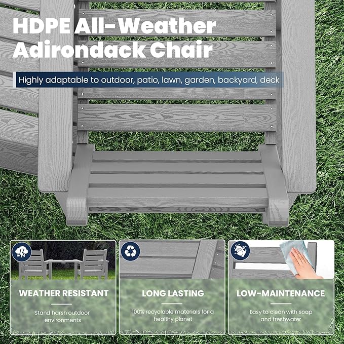 PLUUV Tall Adirondack Chairs Set of 2, All Weather HDPE Poly Bar Height Balcony Adirondack Chair with Removable Double Connecting Trays, Outdoor Adirondack Barstools for Deck, Patio, Yard, Pool, Lawn