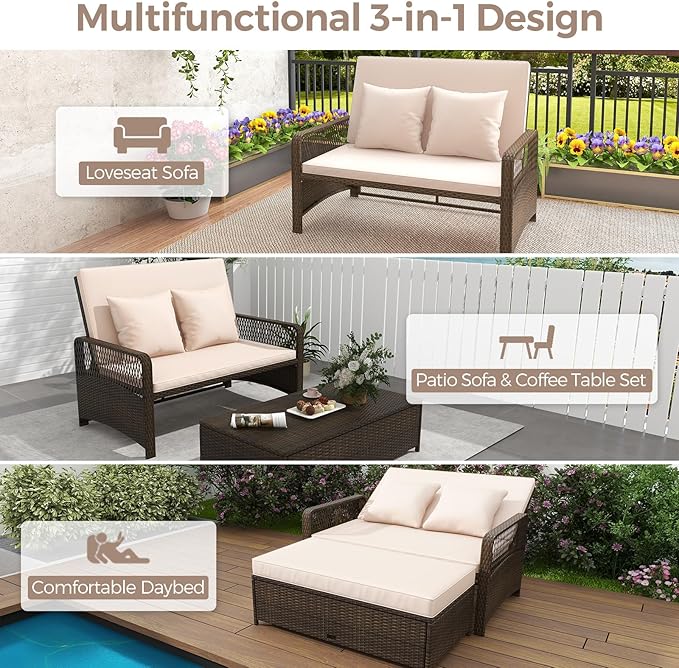 LDAILY Moccha Outdoor Daybed, PE Rattan Double Chaise Lounge w/ 4-Level Adjustable Back, Storage Ottoman, Cushions & Pillows, Separated Seating, Wicker Sunbed for Garden Patio Furniture Set (Beige)