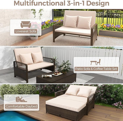 LDAILY Moccha Outdoor Daybed, PE Rattan Double Chaise Lounge w/ 4-Level Adjustable Back, Storage Ottoman, Cushions & Pillows, Separated Seating, Wicker Sunbed for Garden Patio Furniture Set (Beige)