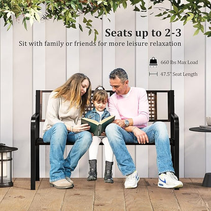 Tangkula 50” Outdoor Metal Park Bench, Outdoor Garden Bench for 2-3 People with Rattan-Like Backrest & Curved Armrests, Heavy-Duty Patio Modern Slatted Seating for Backyard, Poolside, Porch