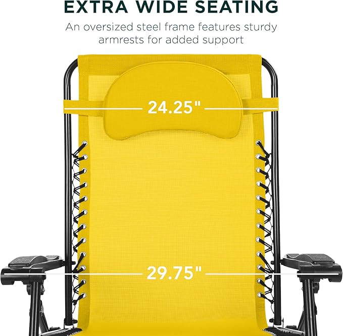 Best Choice Products Oversized Zero Gravity Chair, Folding Outdoor Patio Lounge Recliner w/Cup Holder Accessory Tray, Pillow - Sunflower Yellow