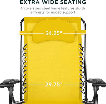 Best Choice Products Oversized Zero Gravity Chair, Folding Outdoor Patio Lounge Recliner w/Cup Holder Accessory Tray, Pillow - Sunflower Yellow