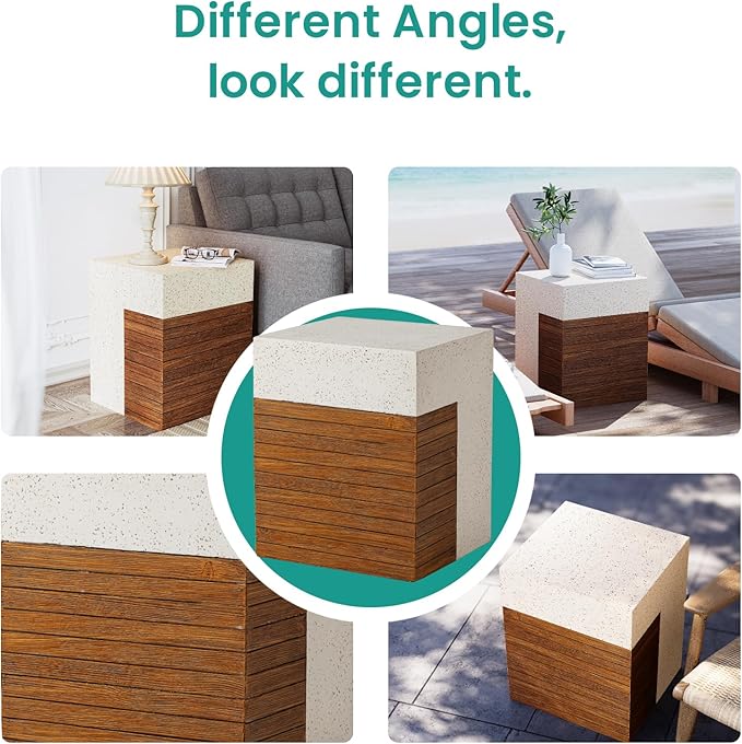 SUNBURY Outdoor Concrete Side Table, 15" W Modern Outdside End Table for Patio,Multicolored Stone Patchwork Indoor Accent Table, Square Cement Side Table Garden Stool in Woodgrain for Lawn, Backyard