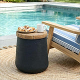 HOMPUS Outdoor Concrete Side Table, Modern Cylinder Pedestal End Table, Home Decor Small Accent Table w Wood Grain Top - Photo 2