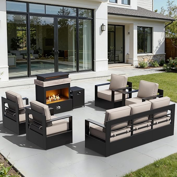 Outdoor Aluminum Furniture Set, 6-Piece Patio Conversation Set, 4 Chairs 1 Sofa and 1 Fireplace, All-Weather Metal Frame, 6" Thick Removable Cushions, Deep Setting for Garden, Poolside and Porch