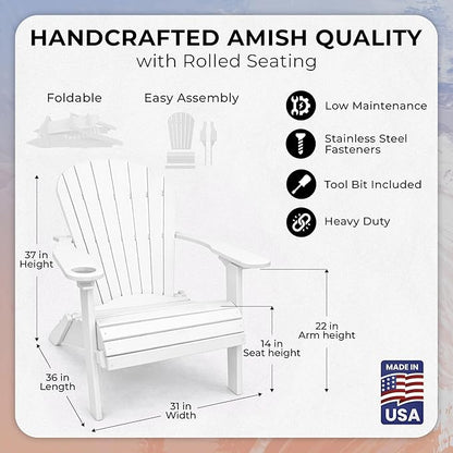 Ecommersify Folding Adirondack Chair with Cup Holder - (Bright White) - Heavy Duty Recycled Poly Lumber Folding Chair - Amish Crafted Outdoor Furniture - Made in USA