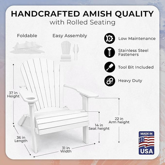 Ecommersify Folding Adirondack Chair with Cup Holder - (Bright White) - Heavy Duty Recycled Poly Lumber Folding Chair - Amish Crafted Outdoor Furniture - Made in USA