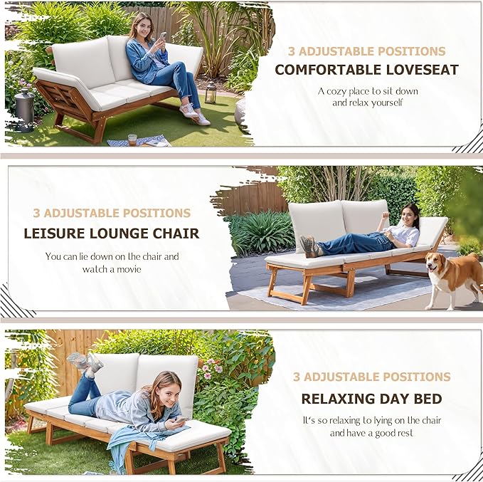 Devoko Outdoor Couch Acacia Wood Patio Couch with Adjustable Armrests - Photo 4