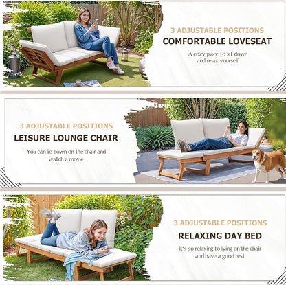 Devoko Outdoor Couch Acacia Wood Patio Couch with Adjustable Armrests, Outdoor Convertible Sofa with Removable Cushions & Pillows for Patio, Porch, Poolside(White)