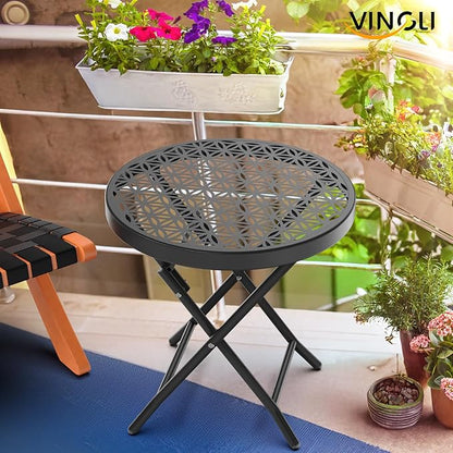VINGLI Patio Folding Side Table, Small Outdoor Table with Everlasting Floral Pattern and Sturdy X-Shaped Metal Frame Ideal for Indoor & Outdoor Balcony, Porch, Backyard, Deck, Black, 1 Pack