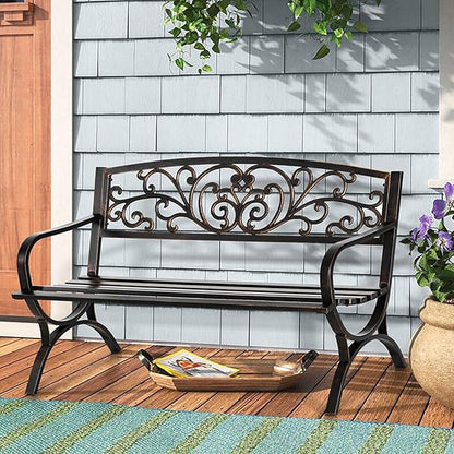 50" Outdoor Metal Garden Bench, Weatherproof Patio Seating for 2, Floral Backrest & Arch Legs, Perfect for Lawn, Porch, Park & Backyard (White)